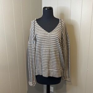 Soft Joie Women’s Large Hoodie Sweatshirt Stripes wide V Neck Rolled cuffs